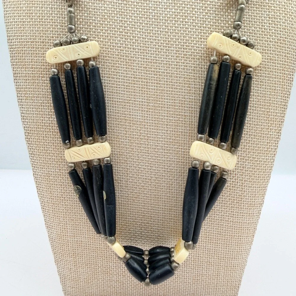 Vintage 90s Tribal Statement Necklace Wood Glass Beads Leather Cord Boho Jewelry